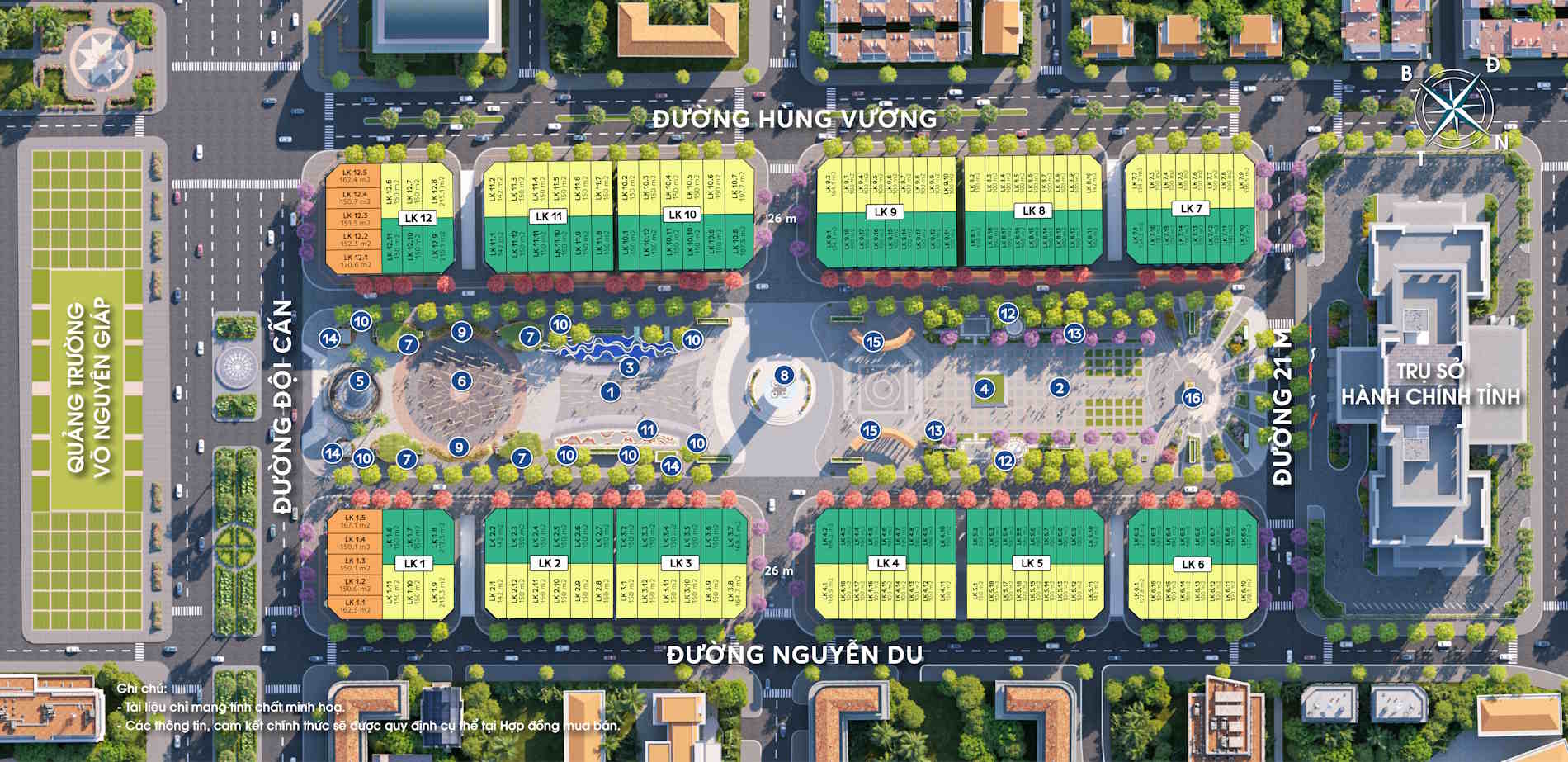 Mặt bằng Central Square Thái Nguyên với 174 shophouse, trục phố đi bộ 330m và các block LK1-LK12