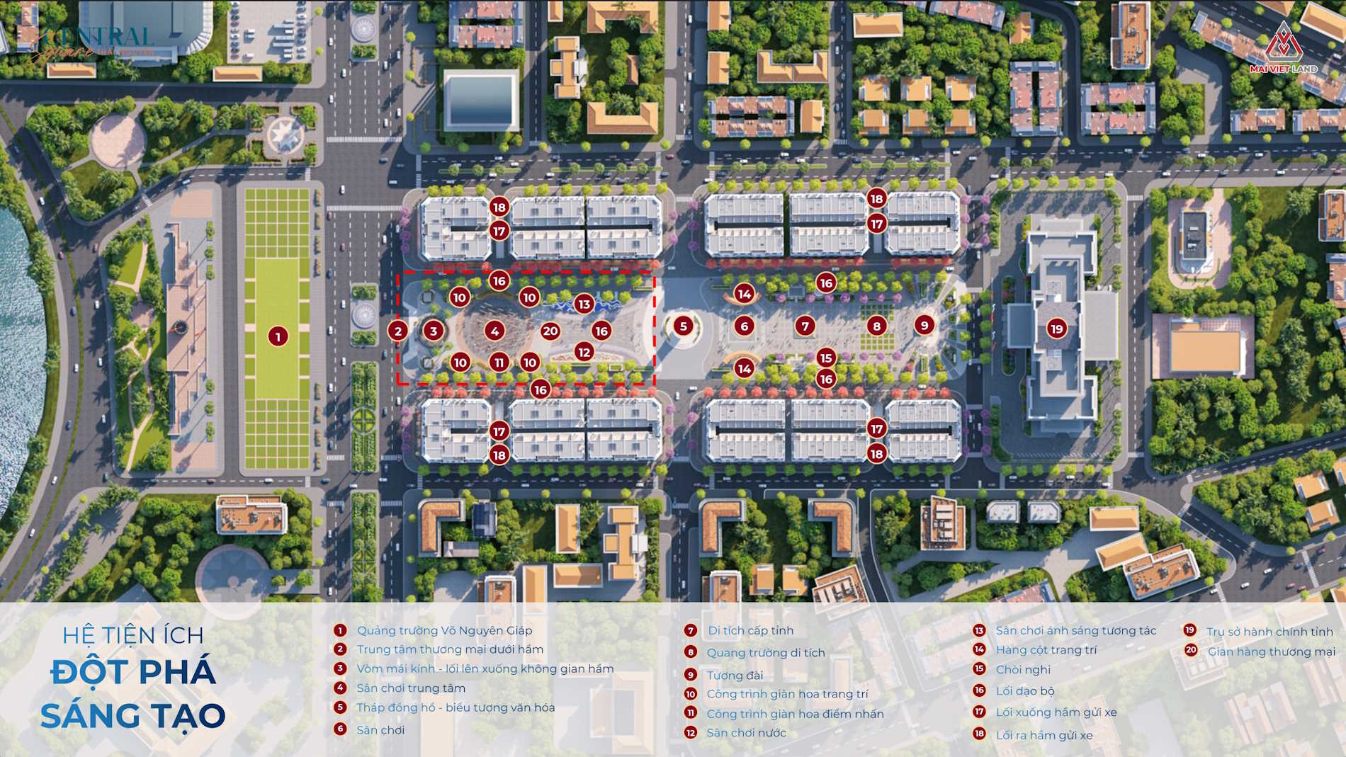 Mặt bằng tiện ích Central Square Thái Nguyên – lõi phố đi bộ và quảng trường trung tâm