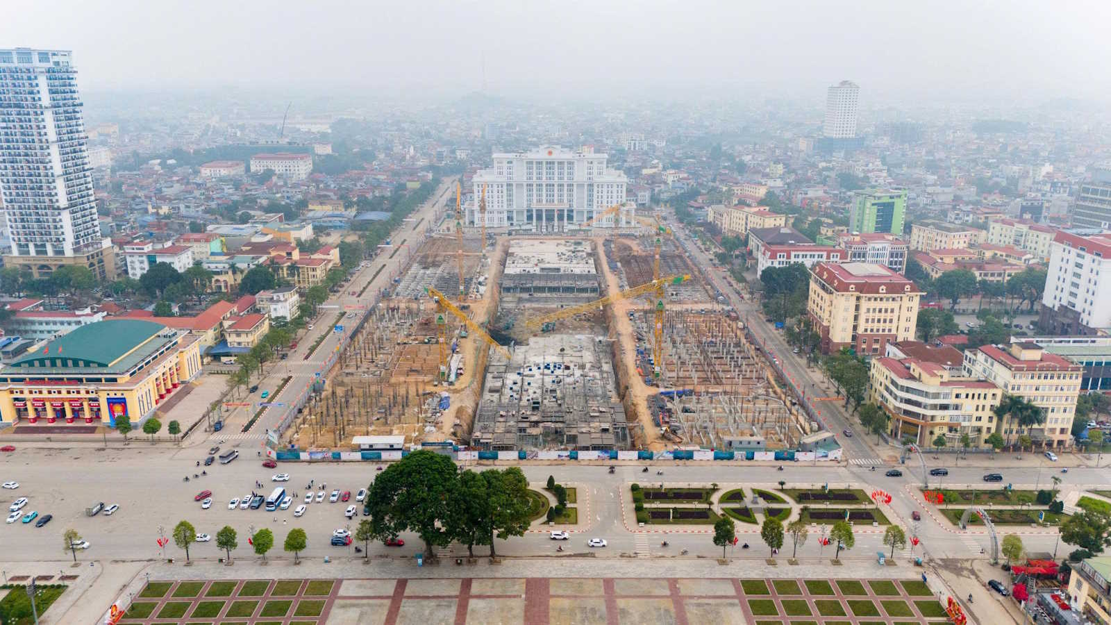 Central Square Thái Nguyên 31/01/2026 - trục trung tâm và các phân khu đang triển khai kết cấu